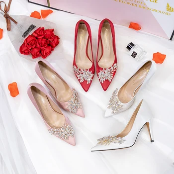 2020 New Sosire Albă a Subliniat Toe femeile nunta pantofi Mireasa, pantofi cu toc inalt doamnelor rochie de petrecere pantofi femeie Înaltă Pompe