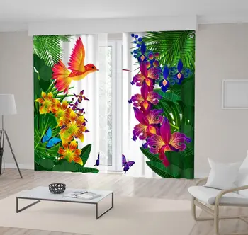 Perdea de Păduri Tropicale, cu Flori Frunze de Plante, Păsări și Fluturi opera de Arta Colorat Galben Verde Violet