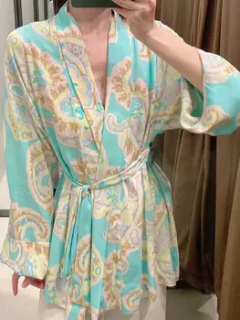 Zevity Femei Vintage Totem Floral Print Arc Legat Eșarfe Kimono-Halat Bluza Feminin Open Împletit Tricouri Chic Blusas Topuri LS9315