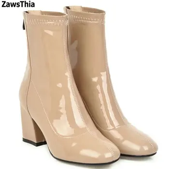 ZawsThia brevet PU piele stretch șosete papuceii doamnelor pompe tocuri indesata glezna femei cizme femei pantofi de mare dimensiune 45 46