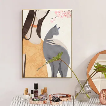 Nordic Fete Leneș Pisici Panza Pictura flori de Cires Postere si Printuri Minimalist Arta de Perete Imaginile Pentru Camera de zi Dormitor