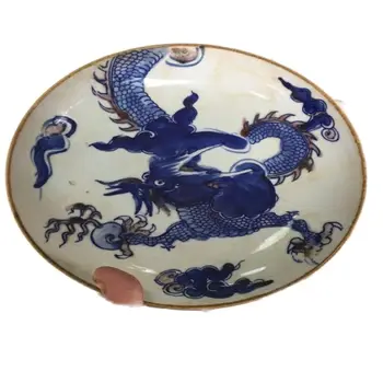 Pictate manual Chinez antic portelan Kangxi albastru și alb geamuri cloud red dragon boluri