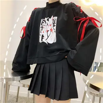 Femei Anime Fox Imprimare Cruce Panglica pentru Femei Lolita Fata de T-shirt Harajuku Primăvară Top Negru Hanorac Fusta Șosete