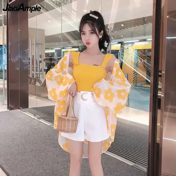 Femeile De Vară De Protecție Solară 2021 Noua Moda Coreeană Imprimare Cardigan Sling Topuri Scurte, Pantaloni Costum Lady Petrecere A Timpului Liber La Modă De Îmbrăcăminte De Plajă Set