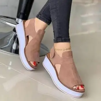 2021 Casual de Vara pene Femei Sandale de Moda Respirabil Mijlocul Toc Culoare Solidă Incaltaminte Femei pantofi Rotund Toe Doamna Gură de Pește