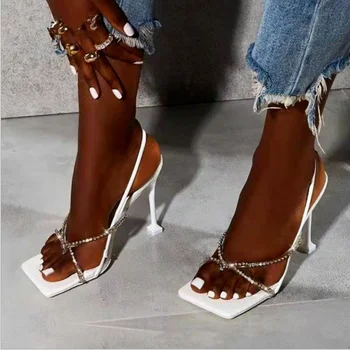 Noua Moda Dantela Sexy Femei Sandale Square Toe cu Toc Subtire Cruce Legat de Partid Pantofi cu Toc 9CM Alb Negru Dimensiune 35-42