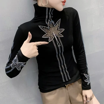 #5771 Guler Negru T Shirt Femei Diamante cu Dungi Subțire de Bază tricou Femeie din Bumbac Streetwear Tee Gol Primăvara-Toamna