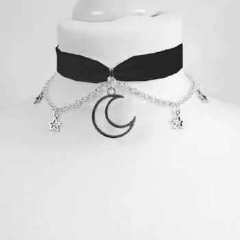 Goth Luna și Stelele Lanț Cravată Neagră de Catifea Lanț Moda Delicatețe Femei Cadou Frumos Cerești Punk Declarație de Bijuterii