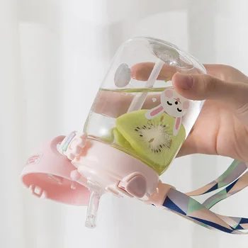 Kawaii Copiii Sticla de Apa de Plastic de Desene animate Drăguț cu Paie Capac Frânghie Copii Lapte Clare Copil Cadou Transport Gratuit Articole