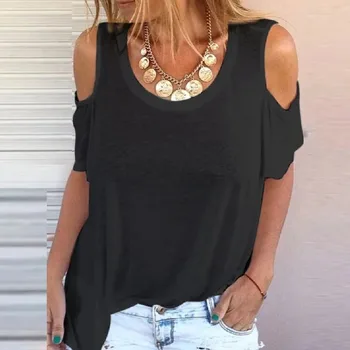 Femei Vara Gât Rotund Liber Casual Culoare Solidă Plus Dimensiune T-Shirt de Pe Umăr Îmbrăcăminte Topuri S-5XL