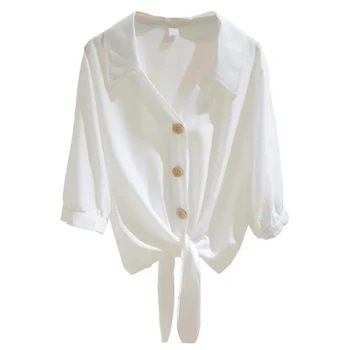 De mari dimensiuni alb V-neck tricou pentru femei de vară cu mânecă scurtă 2021 nou versiunea coreeană în vrac și subțire de protecție solară înnodate tricou