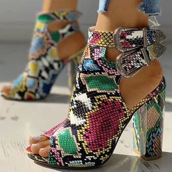 Snake-print Sandale Femei 2021 Moda Catarama Curea Tocuri inalte Sandalias Femei Peep Toe Sandale de Vara Incaltaminte Femei Pantofi