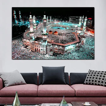 Postere si Printuri Panza Pictura Arta de Perete Imaginea Islamului Pelerinaj La Mecca Moscheea Sacra Noapte pentru Camera de zi Decor Acasă