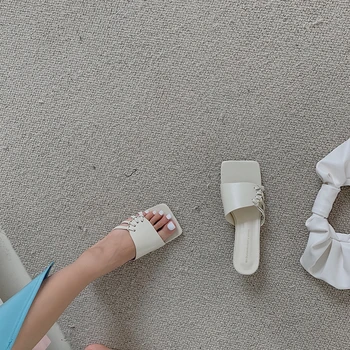 2021 Vara Sandale Femei Papuci Sandale Gol Slide-Uri De Moda Simplu Subțire Tocuri Joase Superficial Diapozitive Catâri Pantofi Bej/Galben