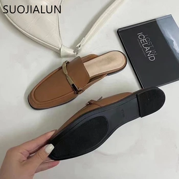 SUOJIALUN 2021 Brand Designer de Femei Papuci de casă Rotund Toe Slip Pe Catâri Doamnelor Vara Toc Plat Pantofi Casual Britanic Catarama Diapozitive