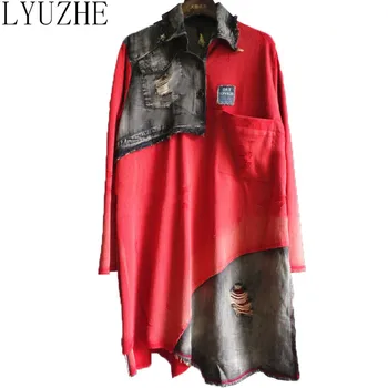 LYUZHE Vintage Denim Toamna Mozaic Femei T-shirt 2021 Rever Neregulate Maneca Lunga Top Model Stea Femei Top Roșu Albastru QDY066