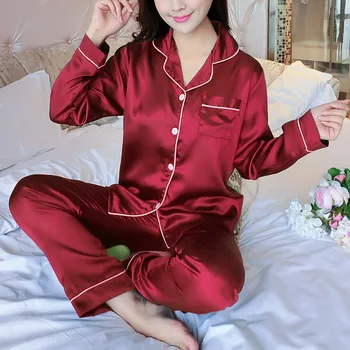2 BUC Seturi de Pijamale Femei Rever Imitație de Mătase Maneca Lunga Uzura Acasă Doamnelor Mujer Sexy din Satin Topuri+Pantaloni camasa de noapte, Pijamale Toamna