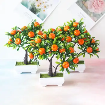 Plastic Artificial Bonsai Copac Portocaliu Faux False, Ghivece de Flori Desktop Decor pentru Gradina Decor Flori Artificiale Decor Acasă