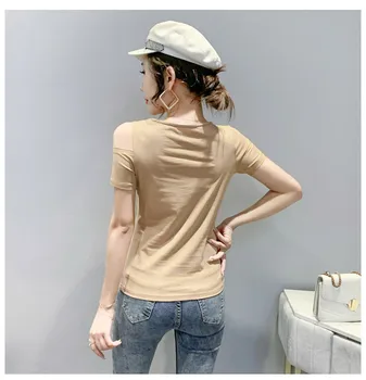 Vara coreean Haine de Bumbac T-Shirt Chic Scrisoare Sexy de Pe Umăr Plasă de Nereguli Femei Topuri Bottom Tricou Tricouri Noi T16014A