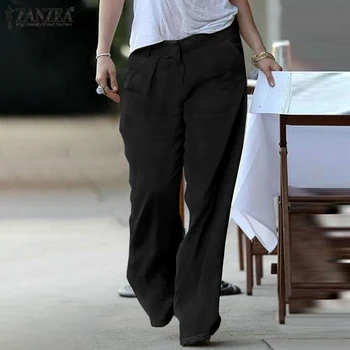ZANZEA Moda Streetwear Femei Casual Pantaloni Lungi 2021 Feminin Solid Largi Picior Pantaloni de Vara Pantalon de Bumbac Largi Palazzo