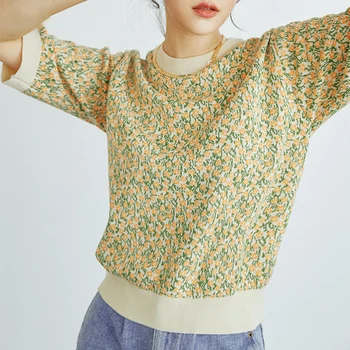 HWLZLTZZHT de Vară de Moda Tricot T Shirt O Gât Scurt Maneca Tricou Femei Topuri coreean Elegant de Flori Mozaic Harajuku T-Shirt