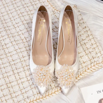 2020 New Sosire Albă a Subliniat Toe Pantofi de Nunta Femeie Pompe cu Toc Înalt Subțire Toc 8cm Rochie de Petrecere Pantofi ștrasuri din Mărgele