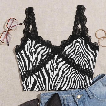 Zebra cu Dungi, Bretele Sexy Lace Trim V-neck Suspensor Topuri pentru Femei Vesta Dantela Bretele Slim Crop Topuri Petrecere Club de Vară Camis