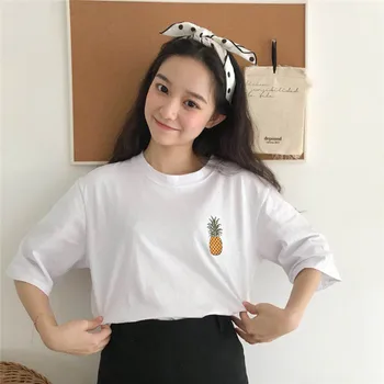 Coreea Moda T-shirt Femei Haine Supradimensionate Ananas Broderie Amuzant Tricouri Maneca Jumătate O-gât Topuri Largi#rm