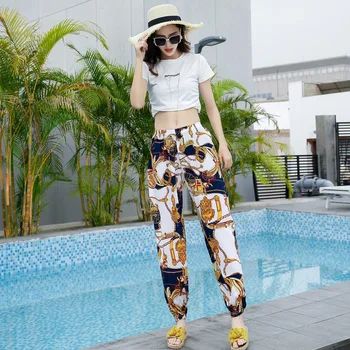 Femei Bumbac, Mătase De Vară Pe Plajă Print Floral Pantaloni Largi Fete Talie Mare Moda Casual Elastic Respirabil Moale Pantaloni Lungi