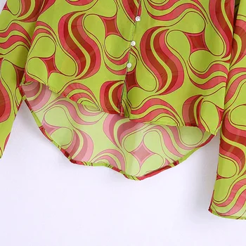 TRAF Top Femei Bluza Za 2021 Verde Print cu Maneci Lungi Șifon Cămașă Vintage Zburli Tiv Asimetric Top Chic Casual, Bluze de Vara