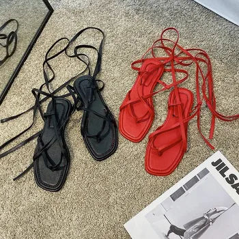 Sexy Negru Rosu Gladiator Sandale Femei Vara Dantelă Sus Plajă Flip Flops 2021 Moda Glezna Curea Cruce Plat Roman Pantofi