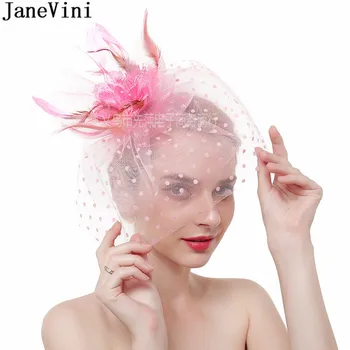 JaneVini Nunta Haarschmuck Alb Fascinator Pene de Flori de Mireasa Pălărie cu Voal Scurt 2021 Albastru Pălării de Nunta pentru Femei Elegante