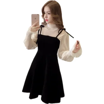Primăvara Nou Elegant Două Piese Rochie pentru Femei de Iarna coreean O-Linie O-Gât Topuri Negre Sundress Streetwear Rochie Vestidos 004
