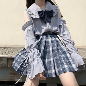 Tricouri Femei Toamna anului Nou Japonez Stil Lolita Peter Pan Guler Flare Sleeve de Pe Umăr Femeie Bluze de Moda All-meci Kawaii
