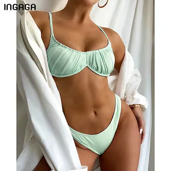 INGAGA Împinge în Sus Bikini cu dungi de Costume de baie Femei Costume de baie Solid Ruched Costume de Baie Ridicat Piciorul Beachwear 2021 Nou Sexy Biquini