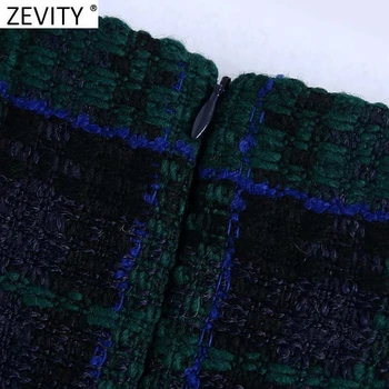 Zevity Noi Femei Vintage Print Carouri Lână Tweed cu Fermoar Spate Slim Fusta Mini Faldas Mujer Doamna Butoane Laterale Fuste Chic QUN692