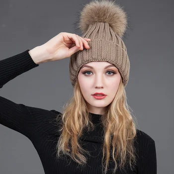 2022 Simplu Pălărie de Iarnă pentru Femei Tricotate Beanie Hat Real Blană de Raton Pălăria pentru Femei Copii Cald Compact Gros Elastic Pălărie