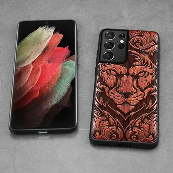 3D din Lemn Sculptat Caz Pentru Samsung Galaxy S21 Ultra rezistent la Șocuri Accesoriu Moale de Acoperire pentru canturi din Lemn, Coajă de Protecție Coajă de Telefon