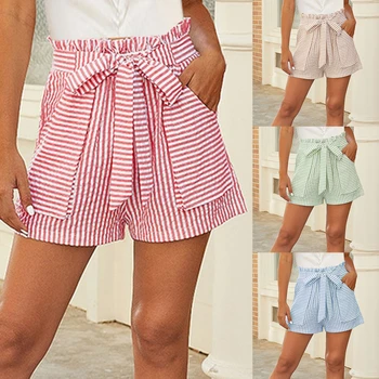2021 Fashion Summer Stripe Femei Pantaloni Scurți Buzunar Siret Înaltă Talie Pantaloni De Petrecere A Timpului Liber Feminin Bandaj Pantaloni Scurți De Plajă, Îmbrăcăminte