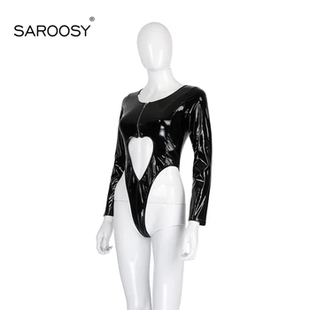 SAROOSY 2018 Nou Sexy Faux din Piele de Înaltă Elastic Body pentru Femei Mâneci Lungi High Cut Clubwear Place Forma Fermoar Detaliu