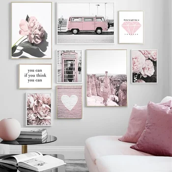 Panza Pictura Flori Roz Autobuz Cabină Telefonică Rock Citat De Dragoste De Arta De Perete Nordic Postere Si Printuri De Perete Imagini Pentru Decor Acasă