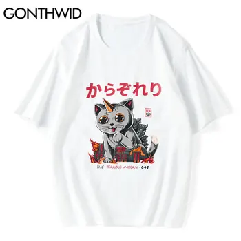 GONTHWID Tricouri Streetwear Hip Hop Harajuku Bărbați Unicorn Cat de Imprimare Maneca Scurta de Vara din Bumbac de Moda Casual Tricouri Topuri