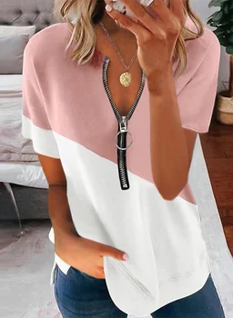Femei Vara T-shirt Noua Moda Imprimate Gât Rotund Maneca Scurta cu Fermoar V-neck tricou Casual Moale și Lumină în Greutate de Vară Loo