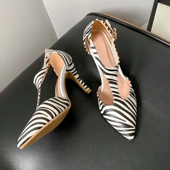 Ochanmeb de Mari Dimensiuni 45 46 Femei Zebra Print Tocuri inalte Pantofi Retro T-curea Glezna Buckled Leopard Pantofi Femeie Stil Două piese Pompa
