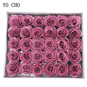 YO CHO 30buc Cristal Sclipici Floare Trandafir Cap de Mătase Artificială Albastră Floare Trandafir Cap 1 Cutie de BRICOLAJ Home Decor Nunta Îndrăgostiților Cadou