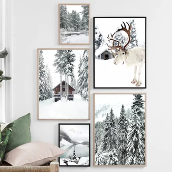 Panza Pictura Reni Cedru Iarnă, Zăpadă, Pădure Casă Arta de Perete Nordic Postere si Printuri Poze de Perete pentru Living Decorul Camerei