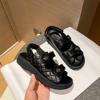 2021 Femei Sandale Negru Carouri Casual din Piele PU Plat Velcro Retro Marca Roman de Lux, Designeri de Brand