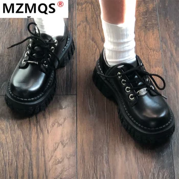 Femeile Oxfords 2021 Primavara Toamna Casual Platforma Pantofi Negru Din Piele Dantela Sus Pantofi De Cusut Moda Rotund Toe Indesata Unic Apartamente