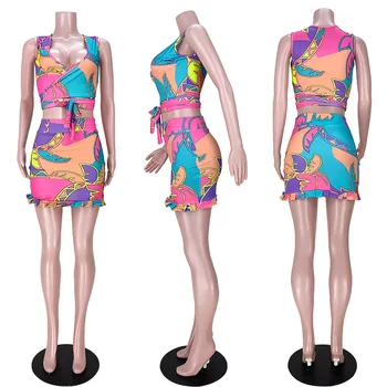 ANJAMANOR Imprimare Geometrice 2 Piese Fusta Set Sexy Bodycon Rochie de Costume de Club Tinutele de Vara pentru Femei 2021 Seturi de Potrivire D74-CF24