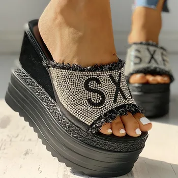 Femei Vara Stras Pene Toc Papuci De Casă 2020 Platforma Peep Toe Înălțime Creșterea Slide-Uri Sexy Si Damele De Pantofi Zapatos De Mujer